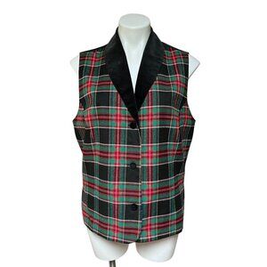 Vintage 90s Plaid Tartan Vest Velvet Collar Black Red Green Womens Large